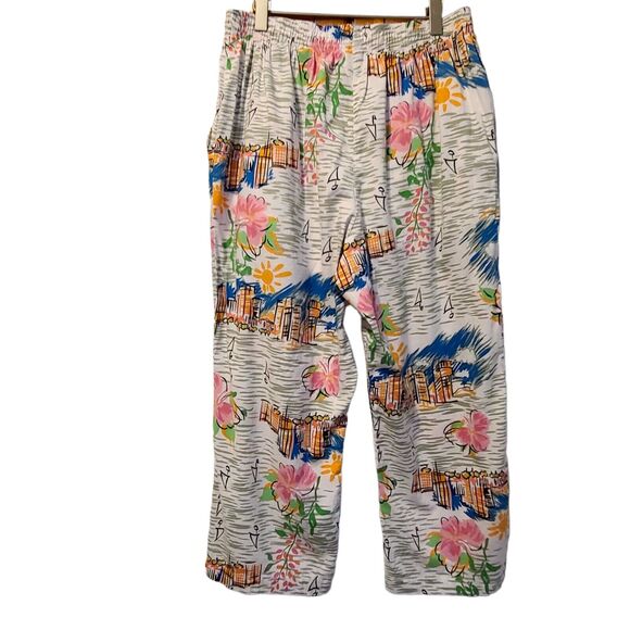 ERIKA Women's Pants Size M VTG Art Deco w/Tropical Landscape Sun & Boats - Picture 1 of 8